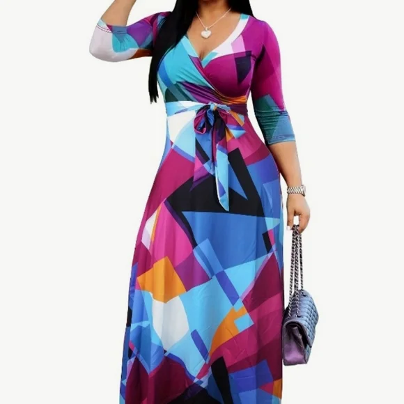 Women Multicolor block tie belted maxi dress - Picture 1 of 13